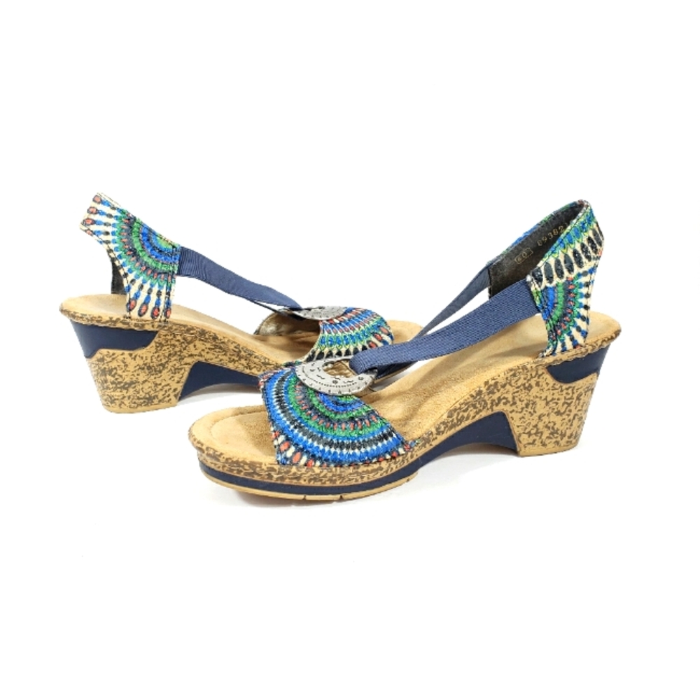 Rieker Women's Wedge Sandal Blue Embroidered Multicolor Elastic Shoes Size 40-9